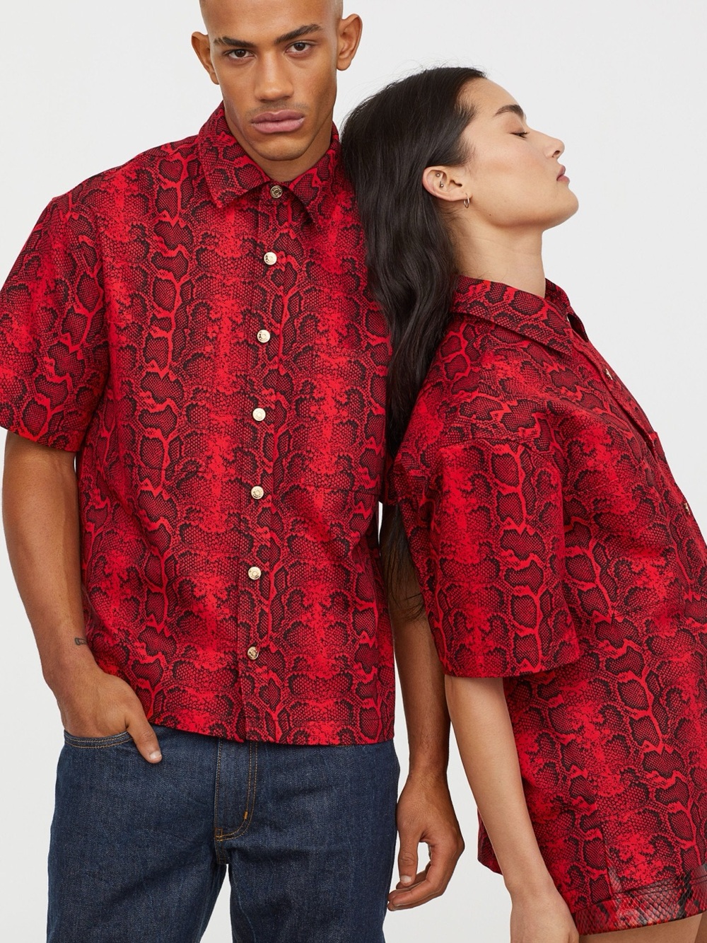 H&M X Farren Jean Andrea Red Black Snake Skin Button Up Shirt Unisex Medium